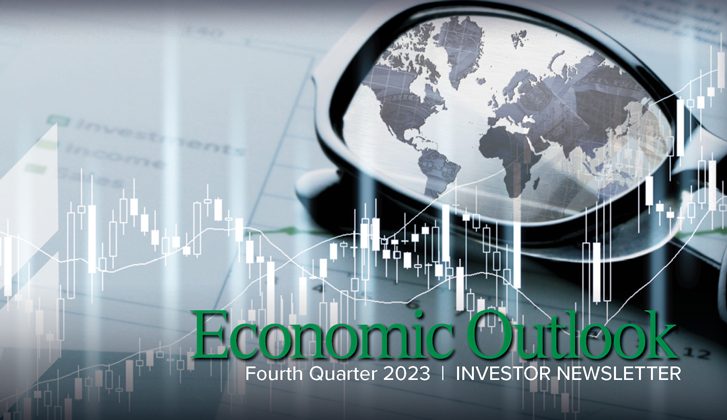 WesBanco Economic Outlook Q4 2023 - Glasses on a desk with the globe superimposed over one of the lenses. A transparent line graph is overlaid on top of the image.