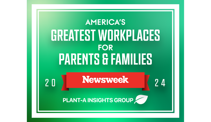 Green and white vertical rectangle logo with shiny effect that reads Greatest Workplaces for Parents and Families 2024 and a red banner in front of it that reads Newsweek