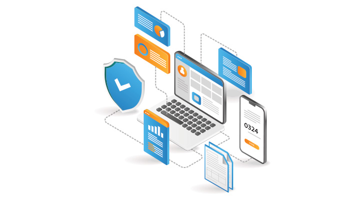 blue and orange graphic on white background showing a laptop with a host of security related popups surrounding it