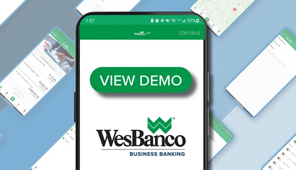 Smartphone with green view button demo and wesbanco business banking logo in front of gradient blue background