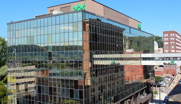 Bank One Plaza, builing and catwalk with WesBanco logo on it in downtown Wheeling.