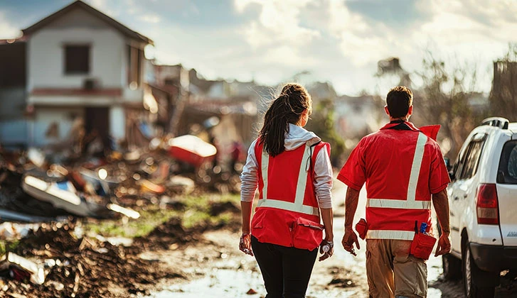 Disaster Relief Workers Surveying Devastated Neighborhood After Natural Disaster