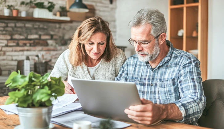 Senior couple reviewing financial documents together on a laptop