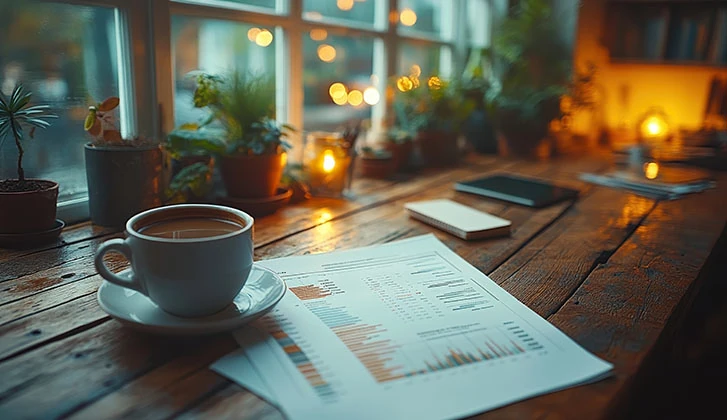 Clean financial report and a coffee cup on a minimal desk setup