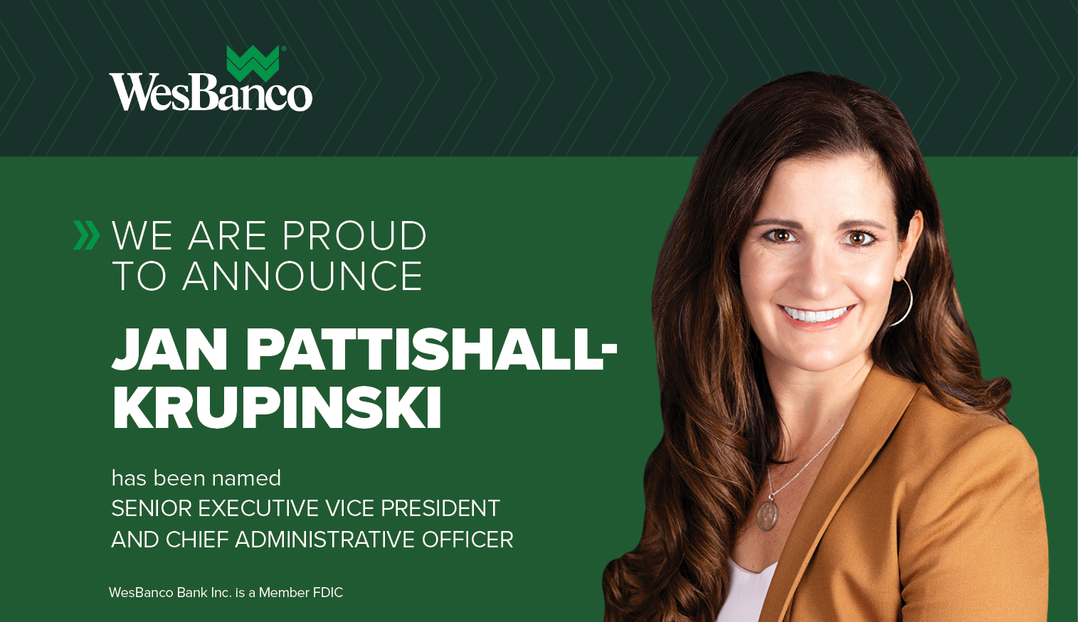 Jan Pattishall-Krupinski smiling with a green background and announcement stating her new position within the bank