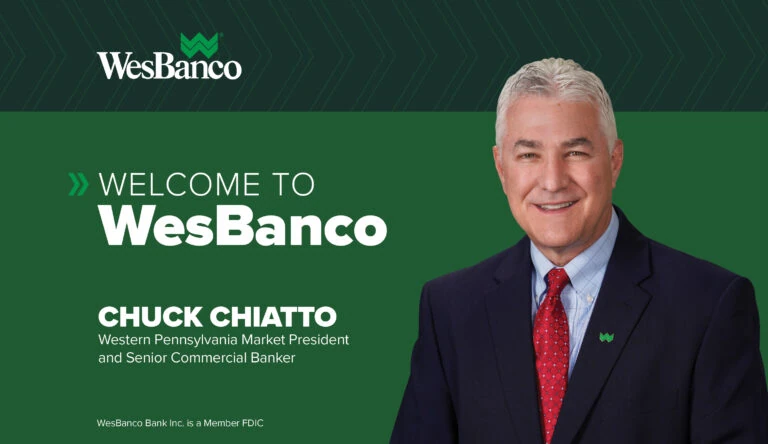 Professional Portrait of Chuck Chiatto, with text welcoming him to his new role at WesBanco