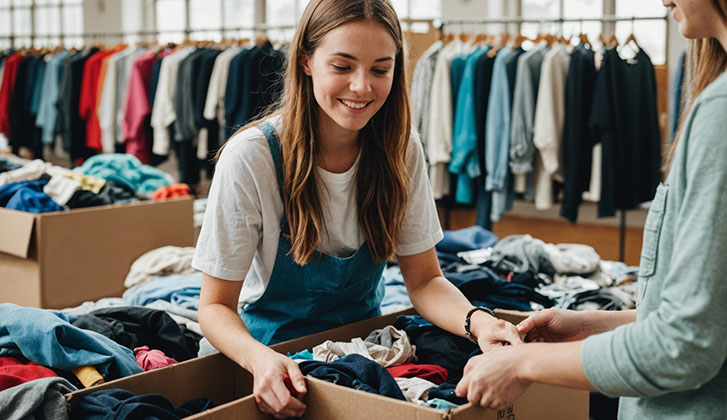 volunteer young woman sorting clothing donations in community center