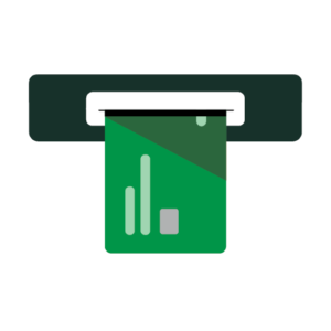 Icon of a debit card going into a mechanical slot to represent deposit taking ATMs