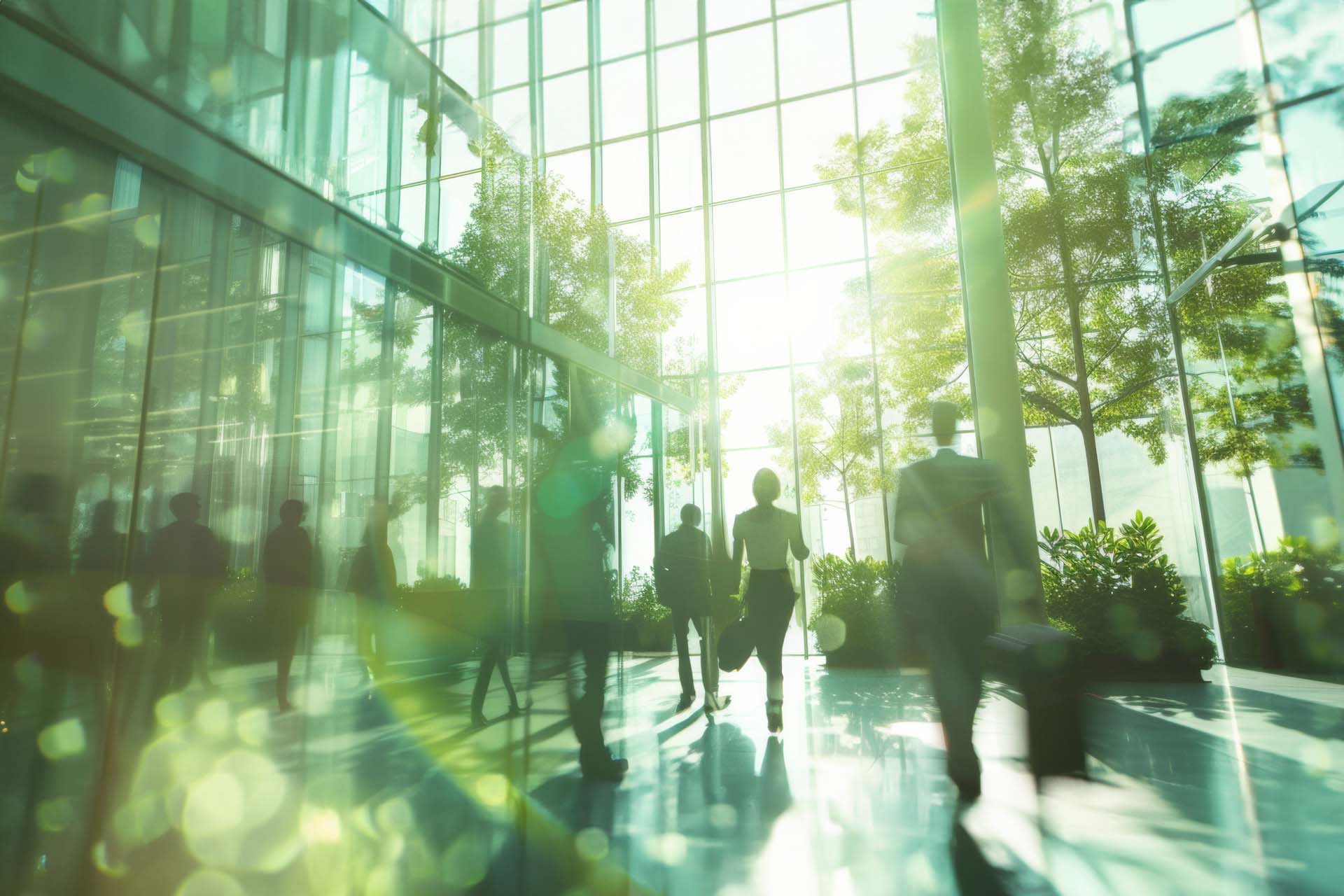 A busy lobby of an office building with professionals coming in and leaving building. Green tinted for sustainability.