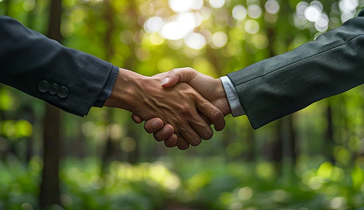 Two arms in suites shaking hands with greenery in the background.