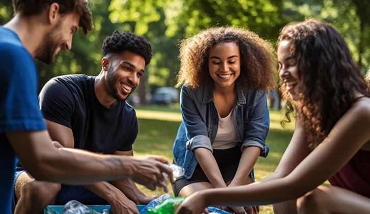 Diverse group of people engaged in sorting recycling bottles in a park.