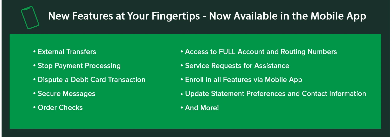 Green box with white letters. New Features At Your Fingertips 